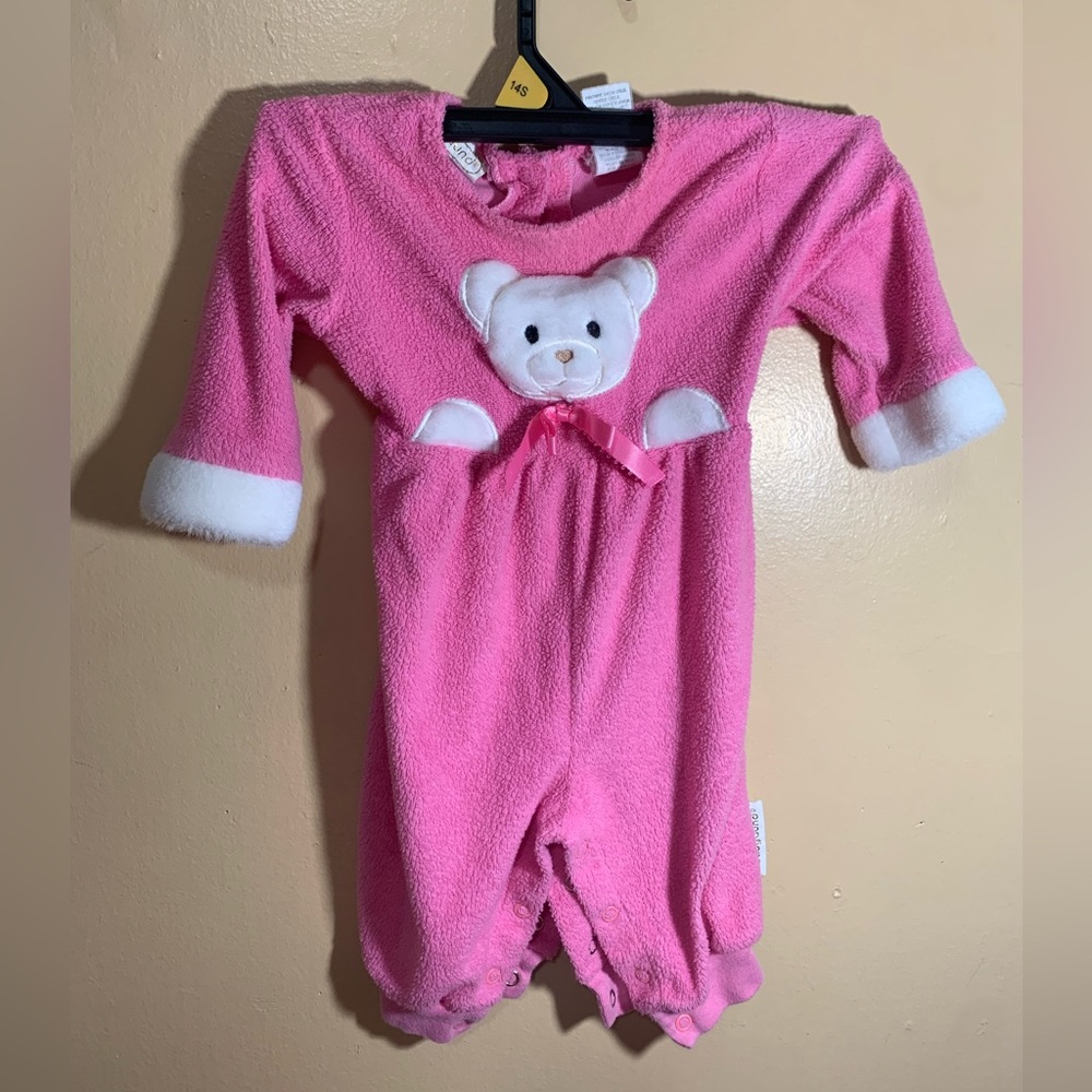 Vtg Baby Gund Very Soft Plush Pink Romper Jumpsuit Sz 6-9 Mon White Teddy Bear